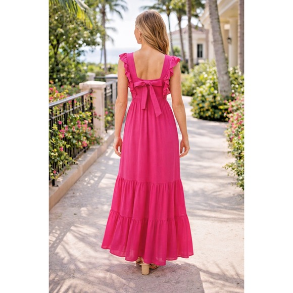 CeCe Bright Pink Maxi Dress XL Ruffle Tiered Sleeveless Flutter Summer Wedding - Picture 2 of 6